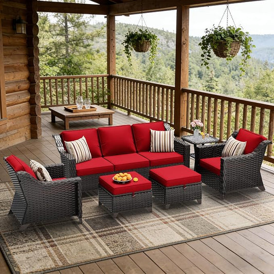 6 Pieces Patio Conversation Furniture Set - 1 Sofa, 2 Armchairs, 2 Ottomans, 1 Side Table, Outdoor Wicker Furniture with Removable Cushions for Porch, Balcony, Sunroom (Red)