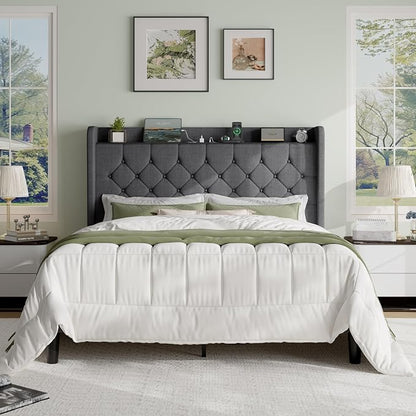 SHA CERLIN Queen Platform Bed Frame with Charging Station, Linen Wingback Headboard with Storage Shelf, Wooden Slats Support, Ample Under-Bed Space, No Box Spring Needed, Easy Assembly, Dark Grey