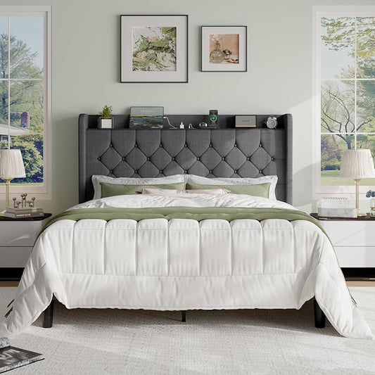 SHA CERLIN Queen Platform Bed Frame with Charging Station, Linen Wingback Headboard with Storage Shelf, Wooden Slats Support, Ample Under-Bed Space, No Box Spring Needed, Easy Assembly, Dark Grey