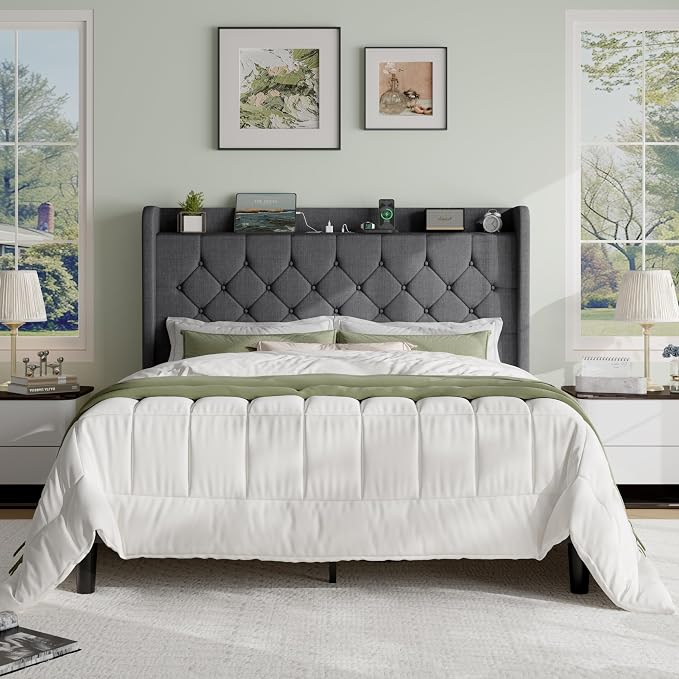SHA CERLIN Full Size Platform Bed Frame with Charging Station, Linen Wingback Headboard with Storage Shelf, Wooden Slats Support, Ample Under-Bed Space, No Box Spring Needed, Easy Assembly, Dark Grey