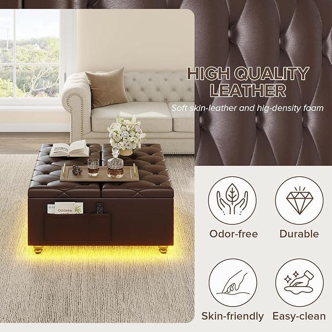 Dnxao Leather Ottoman with Storage,Lift Top Tufted Upholstered Ottoman Coffee Table with LED Lights and Charging Station, Ottomans for Living Room with 2 Side Pockets,Tray Included,PU Brown