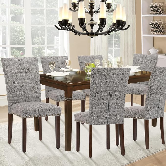 Parsons Dining Chairs Set of 4, Upholstered Nailhead Dining Room Kitchen Side Chair with Thick Cushions and Wood Legs, Black/White