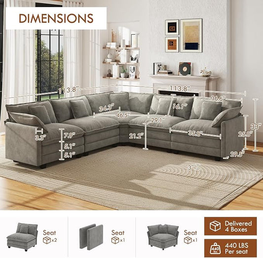 WorthFurni 114” Oversized Modular Sectional Sofa, 5-Seater V Shaped Cloud Couch Set, Comfy Chenille Deep Seat Sofa with 5 Throw Pillows, DIY Combination for Living Room (Gray)