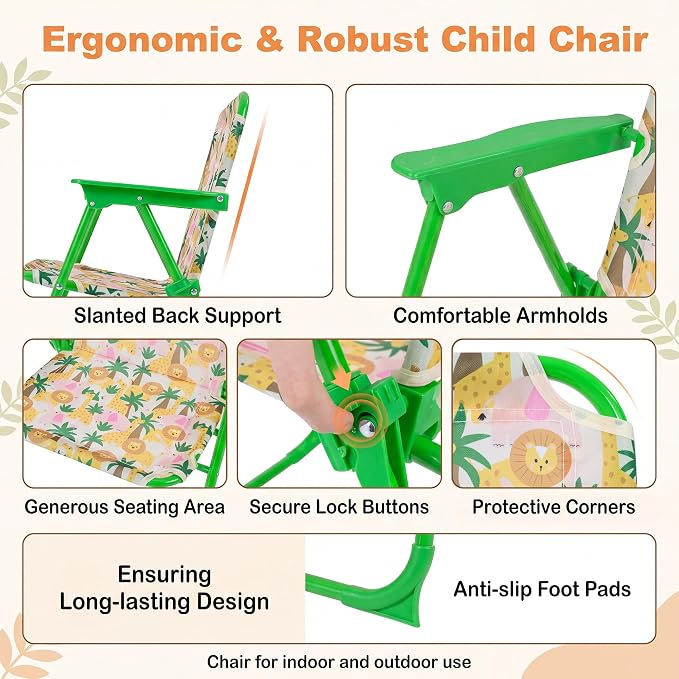 HONEY JOY Kids Picnic Table, Animal Themed Toddler Outdoor Table and Chair Set, 2 Folding Chairs & Removable Umbrella, Children Outdoor Furniture for Backyard Patio Garden (Green Lion)
