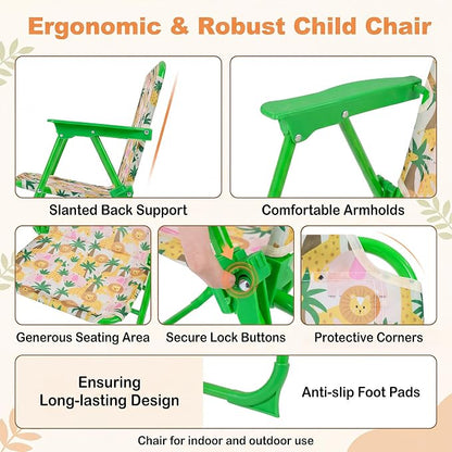 HONEY JOY Kids Picnic Table, Animal Themed Toddler Outdoor Table and Chair Set, 2 Folding Chairs & Removable Umbrella, Children Outdoor Furniture for Backyard Patio Garden (Green Lion)