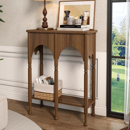 Console Table with Storage Shelf Set of 2, Retro Modern 2-Tier Entryway Table, Narrow Sofa Table with Roman-Style Legs for Living Room, Hallway, Brown