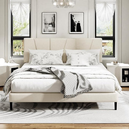 King Size Platform Bed Frame with Upholstered Headboard, Wooden Slats Support, Noise Free, No Box Spring Needed, Easy Assembly, Beige, Velvet