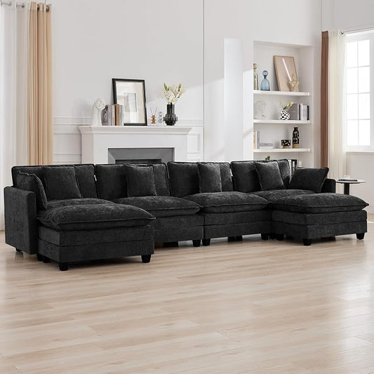 147'' Modualr Sectional Cloud Deep Seat Couch, Oversized Chenille U Shaped Sectional Sofa for Living Room Set, Comfy Upholstered Modular Sectional Sofa Couch with 2 Movable Ottoman, Dark Grey