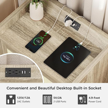 Luoxiao Nightstand Set of 2 with Charging Station - 4 Outlets & 4 USB Ports, Rattan Drawers Side Table, Boho Wood Bedside Tables End Table for Bedroom, Small Space, Easy Assembly (15.4"x23.6"x21.5")