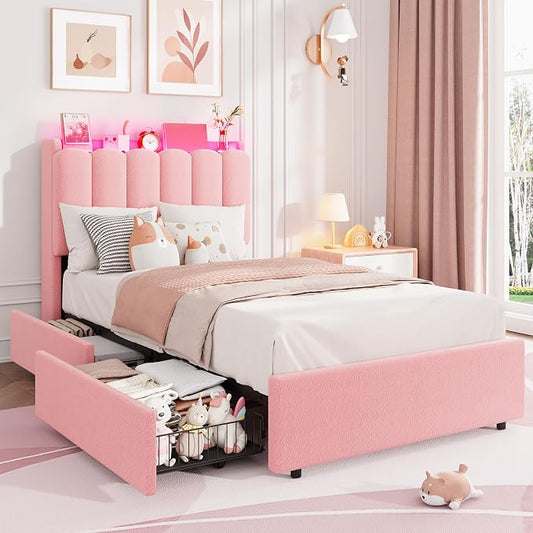 Garvee LED Twin XL Bed Frame with Storage Headboard, Kids Bed Frame with 2 Drawers, Boucle Upholstered Platform Bed for Girls, Chic Wavy Headboard with Bookcase, No Box Spring Needed, Pink