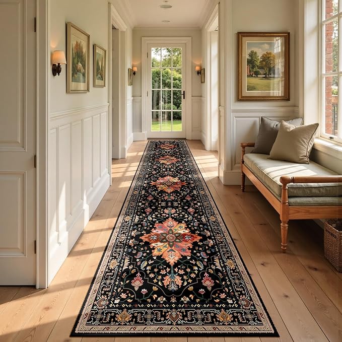 RELEANY Area Rugs Runner 2'6"x14' Washable Non-Slip, Floral Vintage Distress Medallion Carpet for Kitchen Hallway Bedroom Beside Laundry Room Bathroom, Black Colorful Floral Dark Tan