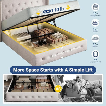Allewie Full Size Lift Up Storage Bed, Button Tufted Headboard with Wingback, Hydraulic Support, No Box Spring Needed, Light Beige