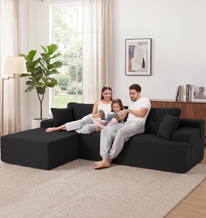 Hobestluk Modular Sectional Sofa Couches L-Shape Couch 3 Seat Modular Sofa Memory Foam Sectional Couches for Living Room, Cloud Couch with Oversized Chaise (Black Smooth, 108", Left Hand Facing)