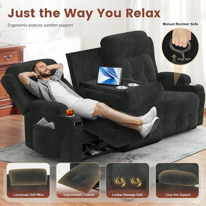 Loveseat Recliner, 3 Seater Massage Reclining Sofa Sets Fabric Recliner Sofa, RV Loveseat Couch Clearance with Drop Down Table, Storage, Cup Holders, Wall Hugger Reclining Couch for Living Room