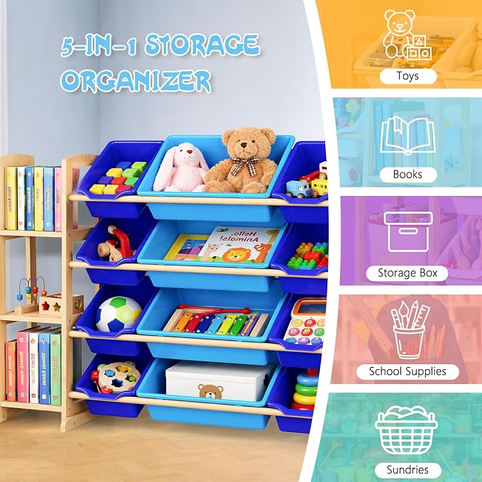 Kids Toy Storage Organizer with Bookshelf – Wooden Shelf with 12 Bins & 3 Shelves, Quick Assembly Storage Rack for Playroom, Bedroom, Nursery– Blue