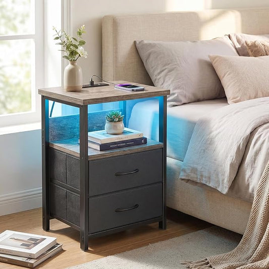 Fixwal Night Stand with Charging Station, LED Nightstand with U-S-B Ports and Outlets, 2 Fabric Storage Drawers with PU Finish, Bed Side Table, French Oak