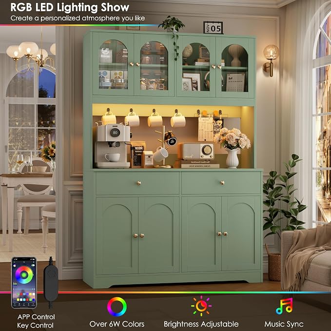 HIFIT 71" LED Kitchen Pantry Cabinet with Power Outlet, Large Kitchen Hutch Cabinet with 2 Storage Drawers & Arched Door, Countertop & Hooks, Tall China Bar for Dining Living Room (Green)