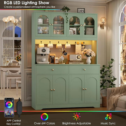 HIFIT 71" LED Kitchen Pantry Cabinet with Power Outlet, Large Kitchen Hutch Cabinet with 2 Storage Drawers & Arched Door, Countertop & Hooks, Tall China Bar for Dining Living Room (Green)
