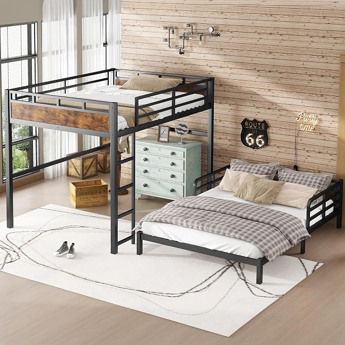 Queen Over Queen Metal Bunk Bed, Heavy Duty Convertible Bunk Bed Frame with Headboard & Full Guardrails, Can Be Split into Two Platform Beds or Loft Bed, Vintage