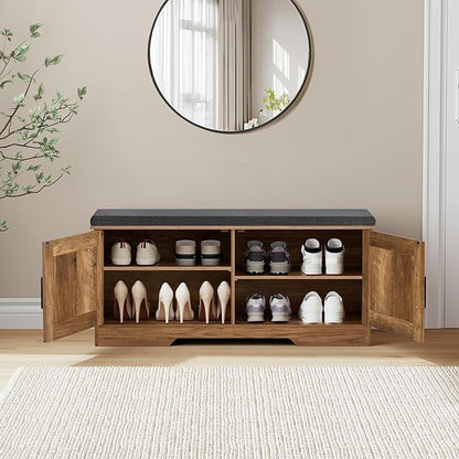 HOMSHO Farmhouse Shoe Storage Bench with 2 Barn Doors & Padded Seat Cushion | 39.4" Wide Entryway Bench with Adjustable Shelves & Hidden Storage, Rustic Walnut