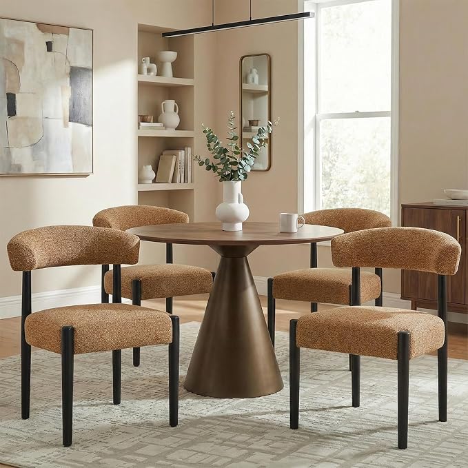 VKNOW Wooden Dining Chairs Set of 2 with Black Rubberwood Legs, Orange | Soft Chenille Fabric, Curved Open Back, Thickened Cushion, For Adults and Family, Dining Room, Kitchen, No Wobble