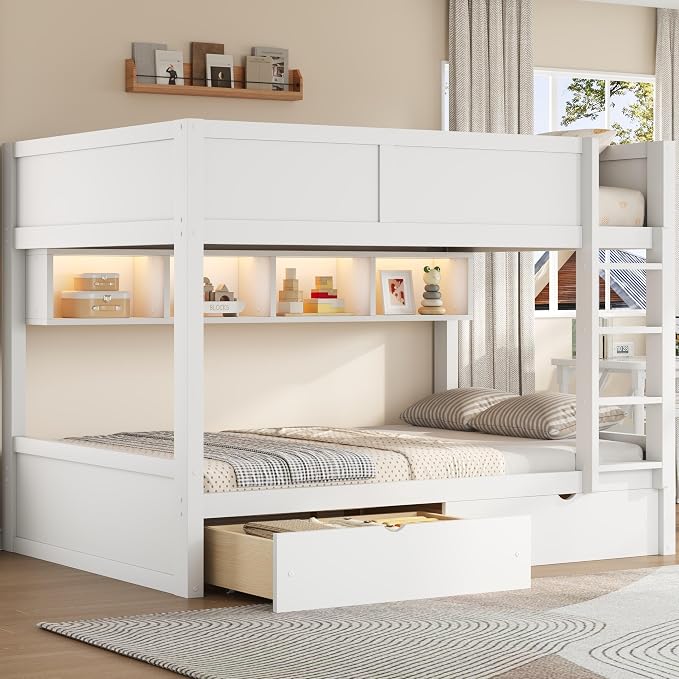 Wood Bunk Bed Full XL over Full XL Size with Built-in Storage Cabinets, 2 Drawers and LED Light, Versatile Bunk Bed Frame with Ladder and Guardrail for Kids Teens Adult, Maximize Space (White-1.13)
