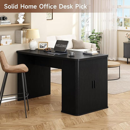 ONBRILL 61 Inch Kitchen Island with Storage, Fluted Counter Height Table, Mid-Century Modern Kitchen Island Table with Sliding Door, Home Bar Tables with Wine Rack and Drawers (Black)