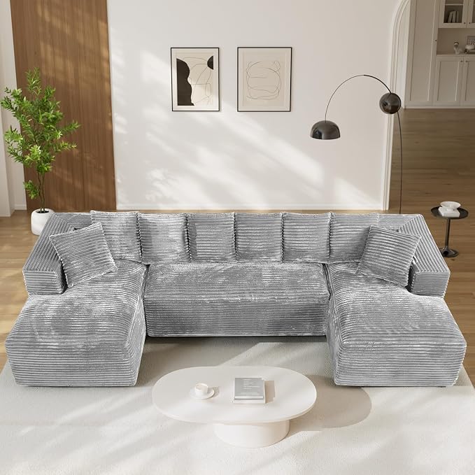 131" Oversized U Shaped Cloud Sectional Couches for Living Room, Comfy Fluffy Corduroy Grey Boneless Sectionals Couch, Plush Memory Foam Modular Sectional Sofa with Chaise- 19" Seat Height