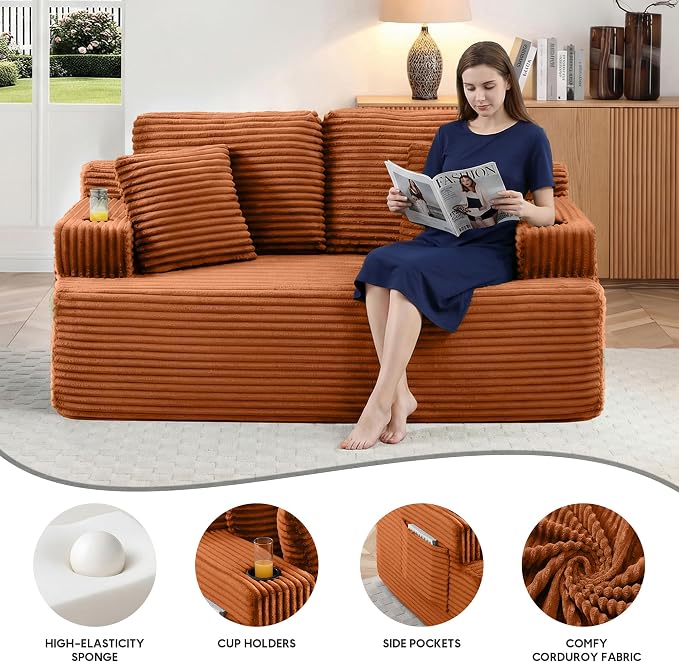 66.5'' Boneless Sofa Couch with Cup Holders & Side Pockets, Modern Corduroy Fabric Upholstered Loveseat Couch with 2 Throw Pillows for Living Room Office, No Assembly (Orange)
