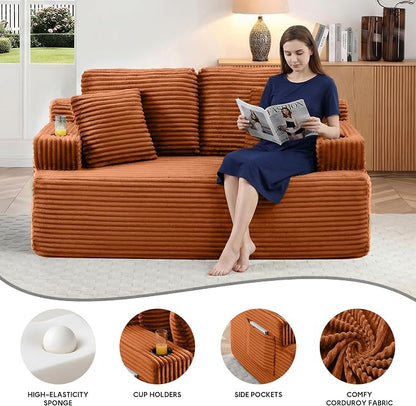 66.5'' Boneless Sofa Couch with Cup Holders & Side Pockets, Modern Corduroy Fabric Upholstered Loveseat Couch with 2 Throw Pillows for Living Room Office, No Assembly (Orange)