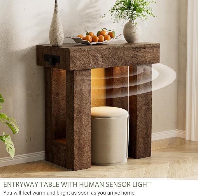 Unikito 32" Entryway Table with Socket and Sensor Light, Narrow Console Table with Storage Behind Couch, Farmhouse Entry Way Tables with Open Storage for Entrance/Hallway/Living Room