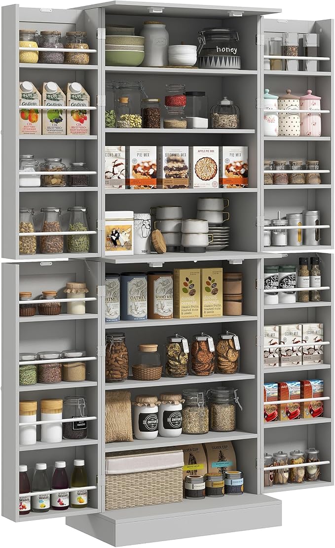 HOMCOM 65" Kitchen Pantry Storage Cabinet, Freestanding Kitchen Cabinet with 16 Door Shelves, Double Doors, 8-Tier Shelving and Adjustable Shelves, Gray