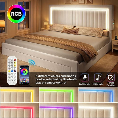 YITAHOME King Size Bed Frame with Velvet Vertical Tufted Upholstered Adjustable Headboard, 4 Storage Drawers, RGB LED Lights and USB Ports, No Box Spring Needed, Fast Assembly, Noise-Free, White