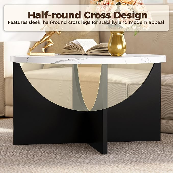LIKIMIO Nesting Coffee Tables Set of 2, 31.5" Round Side Tables for Living Room, Wooden End Table, Marble