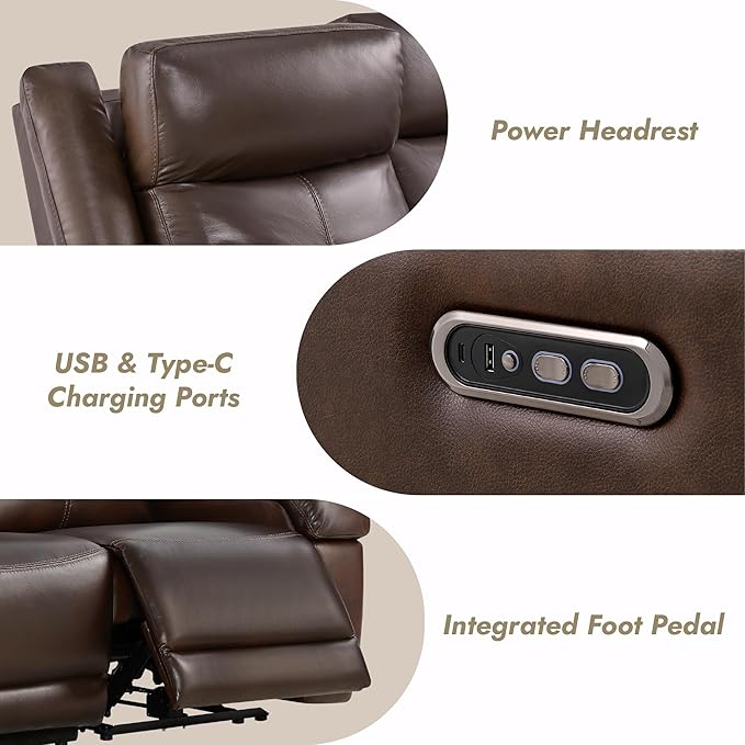Watson & Whitely Genuine Leather Power Recliner Sofa, 3 Seater Wall Hugger Reclining Sofas with Storage Console, Power Headrest, USB, Electric Recliner Couch Set for Living Room, Dark Brown
