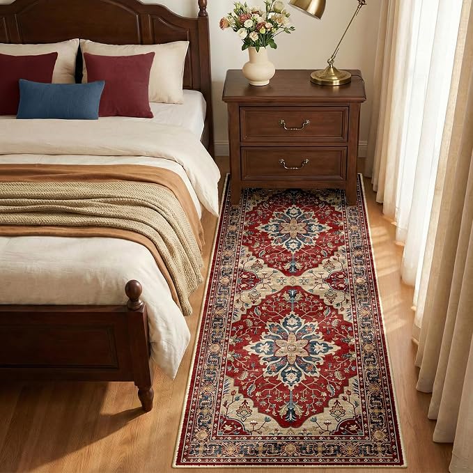 RELEANY Area Rugs Runner 2'x6' Washable Non-Slip, Floral Vintage Distress Medallion Carpet for Kitchen Hallway Bedroom Beside Laundry Room Bathroom, Red Blue