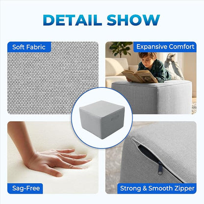 Living&Giving Square Outdoor Ottoman Pouf, 24 Inch Waterproof Patio Ottoman Foot Rest with Solid High-Density Foam, Comfy Boneless Footstool for Outside Couch & Seating, Light Gray