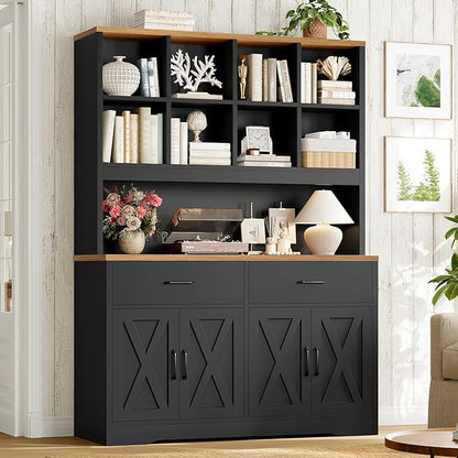 TEENFON Storage Cabinet with Doors and Drawers, Pantry Cabinets, 5 Tier Floor Standing Bookshelves, Bookshelf and Bookcase, 8 Open Storage Shelves and Printer Stand for Study, Living Room, Office