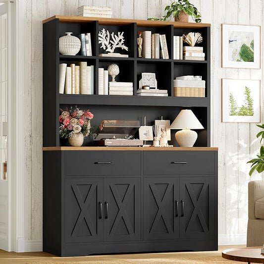 TEENFON Storage Cabinet with Doors and Drawers, Pantry Cabinets, 5 Tier Floor Standing Bookshelves, Bookshelf and Bookcase, 8 Open Storage Shelves and Printer Stand for Study, Living Room, Office