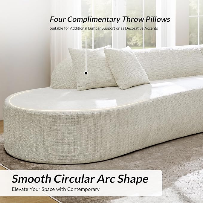 141.75" Modern Curved Compressed Sofa, All-Foam Cloud Couches with 4 Pillows, No Assembly Required Boneless Sectional Sofas, Large Floor Couch for Living Room, Ivory