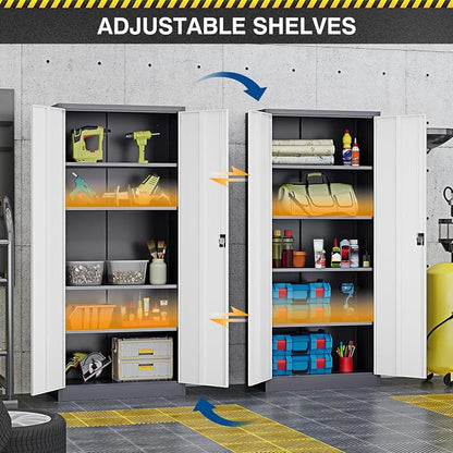 Fesbos Metal Storage Cabinet-72” Tall Steel File Cabinets with Lockable Doors and Adjustable Shelves-White&Gray Steel Storage Cabinet for Home Kitchen, Office, Garage
