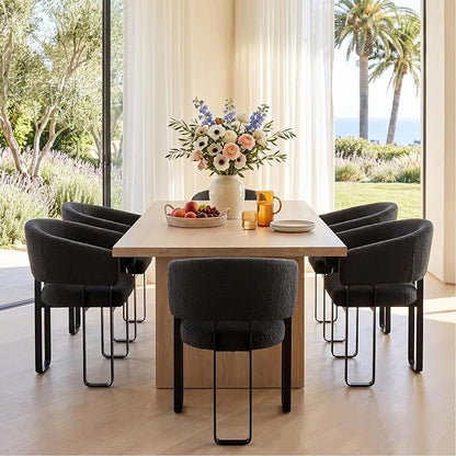 Black Boucle Dining Chairs Set of 2, Modern Barrel Dining Room Chairs with U-Shaped Metal Legs, Comfy Armchairs for Living Room Makeup Room
