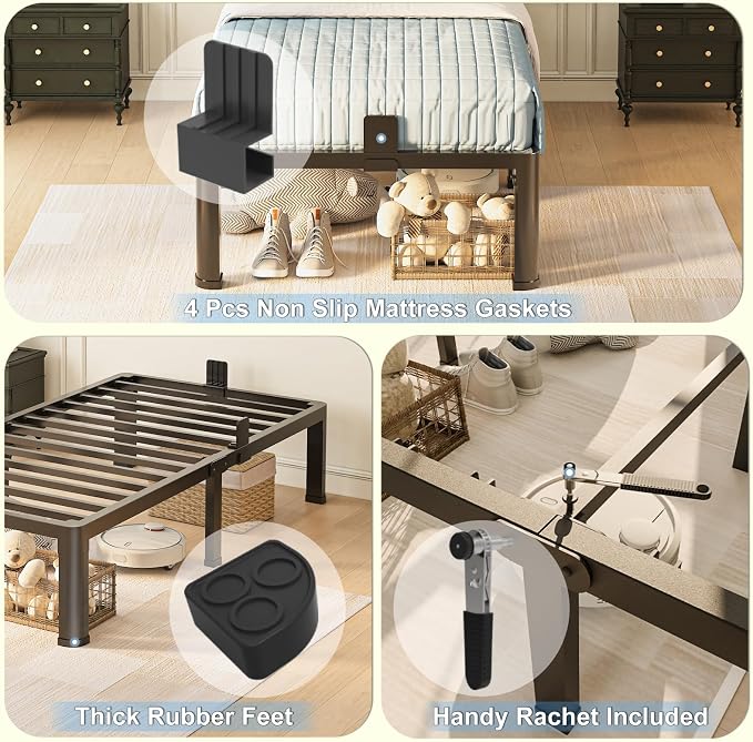 Yitong Angel 10 inch Twin Bed Frame with Round Corner Legs Mattress Slide Stopper,Low Profile Heavy Duty Metal Platform,No Box Spring Needed,Steel Slat Support,Easy Assembly,Noise Free