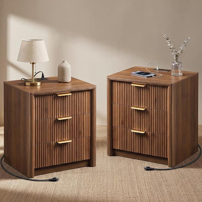 LYNCOHOME 23" Fluted Nightstands Set of 2 with Charging Station, 3 Drawer Bedside Table, Modern Night Stand with Curved Edge, Wooden End Table for Bedroom, Rounded Night Stand with Storage, Walnut