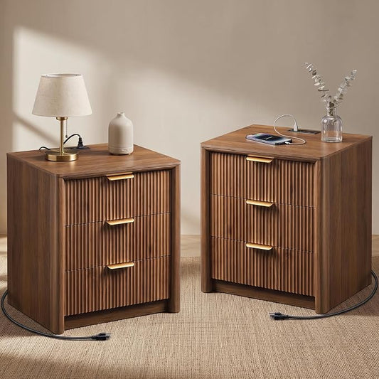 LYNCOHOME 23" Fluted Nightstands Set of 2 with Charging Station, 3 Drawer Bedside Table, Modern Night Stand with Curved Edge, Wooden End Table for Bedroom, Rounded Night Stand with Storage, Walnut