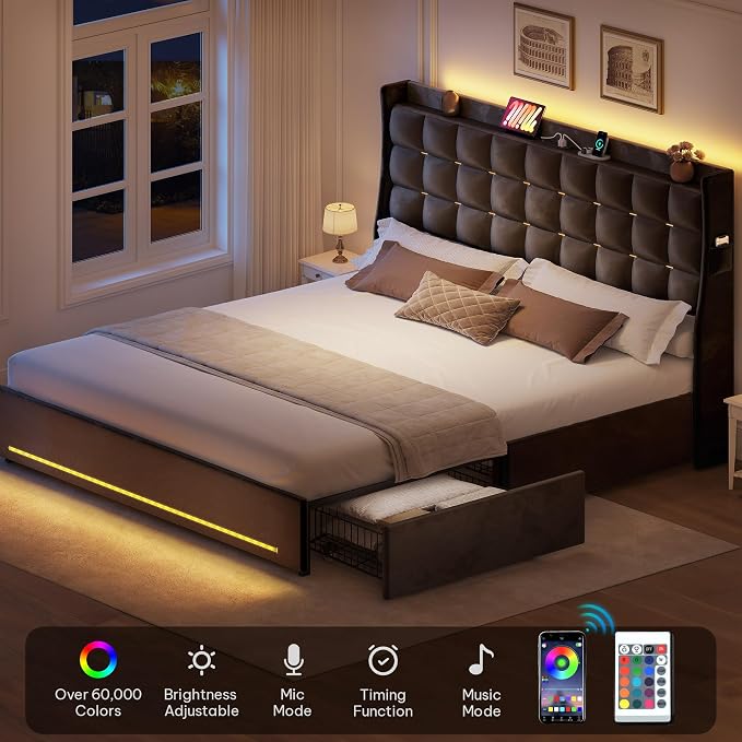 YITAHOME Queen Size Bed Frame with 4 Drawers and RGB LED Lights, Velvet Upholstered Platform Bed with Charging Station and Storage Headboard, No Box Spring Needed, Easy Assembly, Noise-Free, Dark Grey