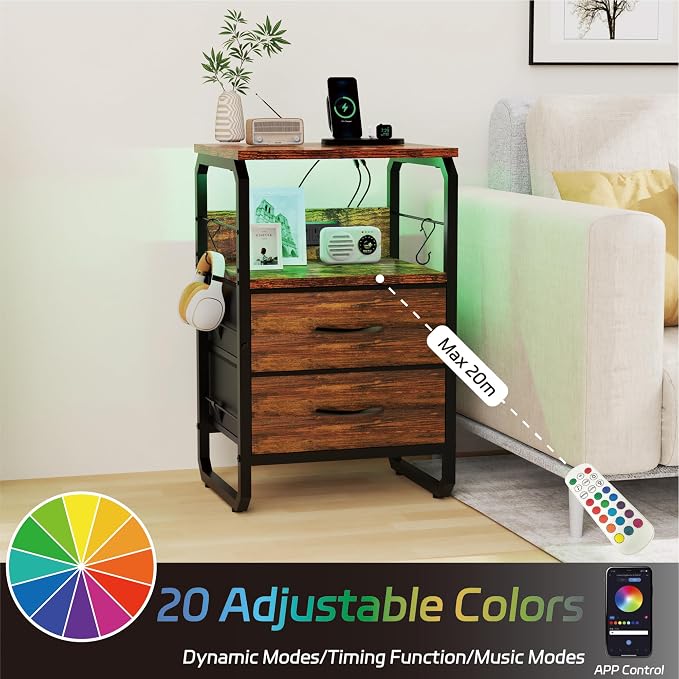 runjuly LED Nightstand, Bedside Table with Storage, End Table with Drawers & Hooks, Small Table with Charging Station, AC Outlets, USB-C Ports, Night Stand Table for Bedroom, Dorm, Rustic Brown