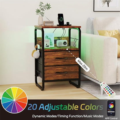 runjuly LED Nightstand, Bedside Table with Storage, End Table with Drawers & Hooks, Small Table with Charging Station, AC Outlets, USB-C Ports, Night Stand Table for Bedroom, Dorm, Rustic Brown