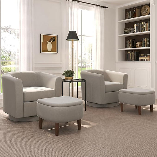 Swivel Accent Chair with Storage Ottoman Set of 2, Modern Velvet Barrel Chair, Upholstered Armchair with Footrest for Living Room/Reading/Bedroom, 25.4'' D x 28.35'' W x 24.4'' H, White