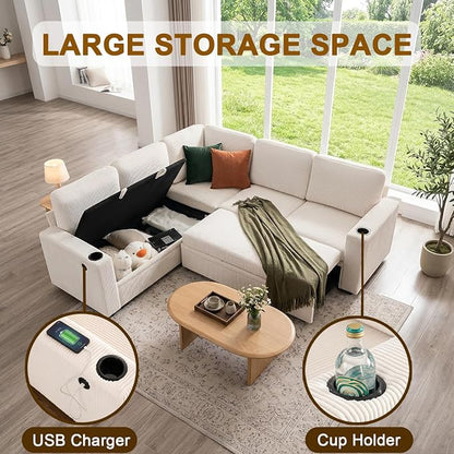 ROCANT 84 inch Modular Sectional Couch with Pull Out Bed, 5-Seat L-Shaped Corduroy Sleeper Sofa with Reversible Chaise, Built-in Storage, USB Port and Cup Holders